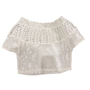 Anthropologie Crochet Knit Crop Top Cream Off White Boho Open Knit XS 0437